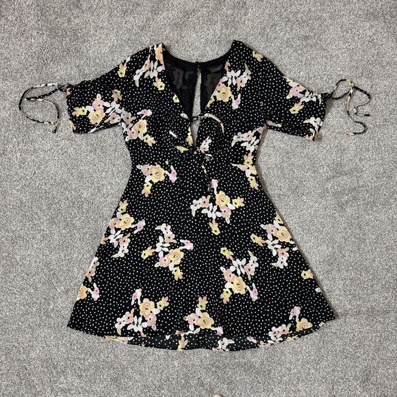 Topshop Dress Womens US 6 Black Floral Polka Dot Short Sleeve Fit Flare Bow Tie - Picture 3 of 16